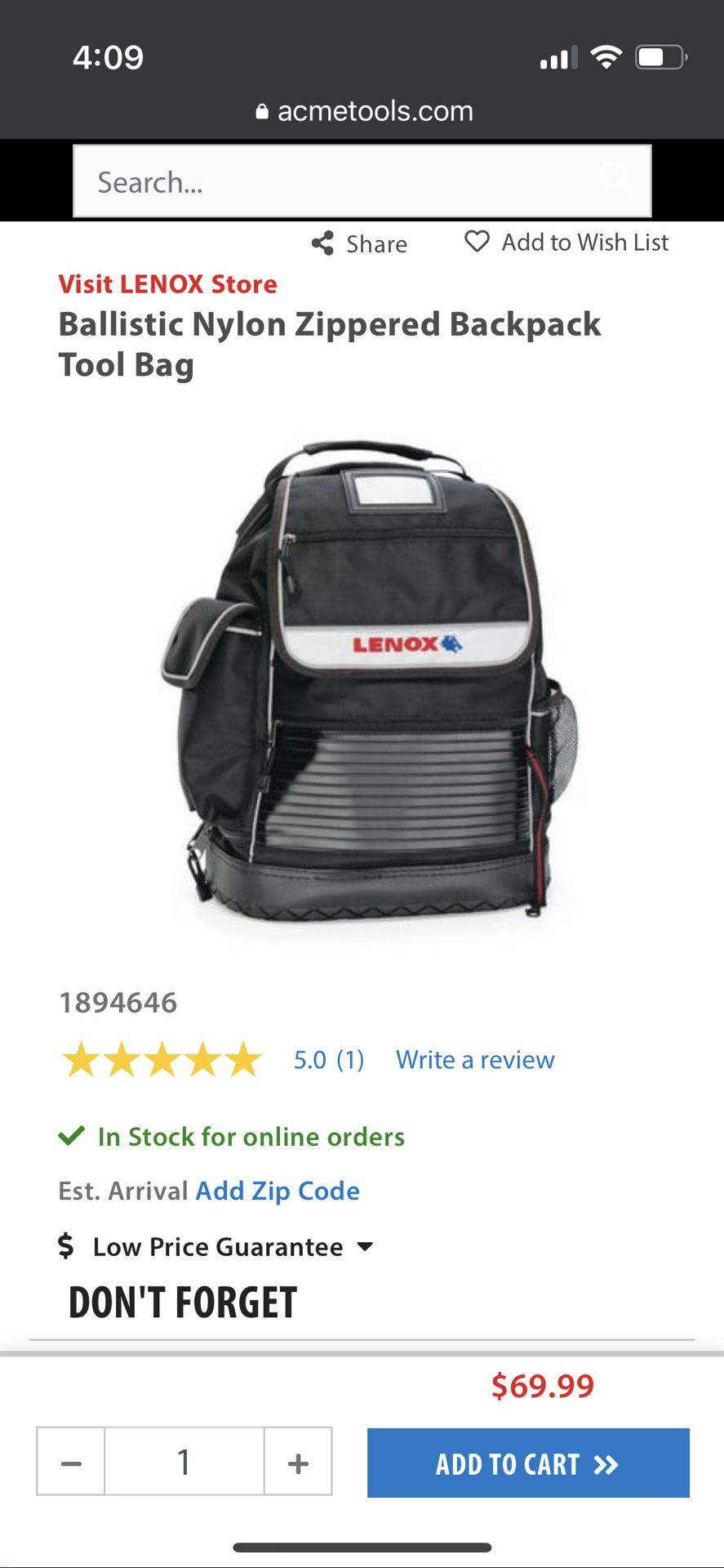 Ballistic Nylon Zippered Backpack Tool Bag