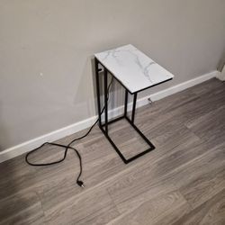 Faux White Marble C-Shaped Side Table / Nightstand with Power Outlets & USB