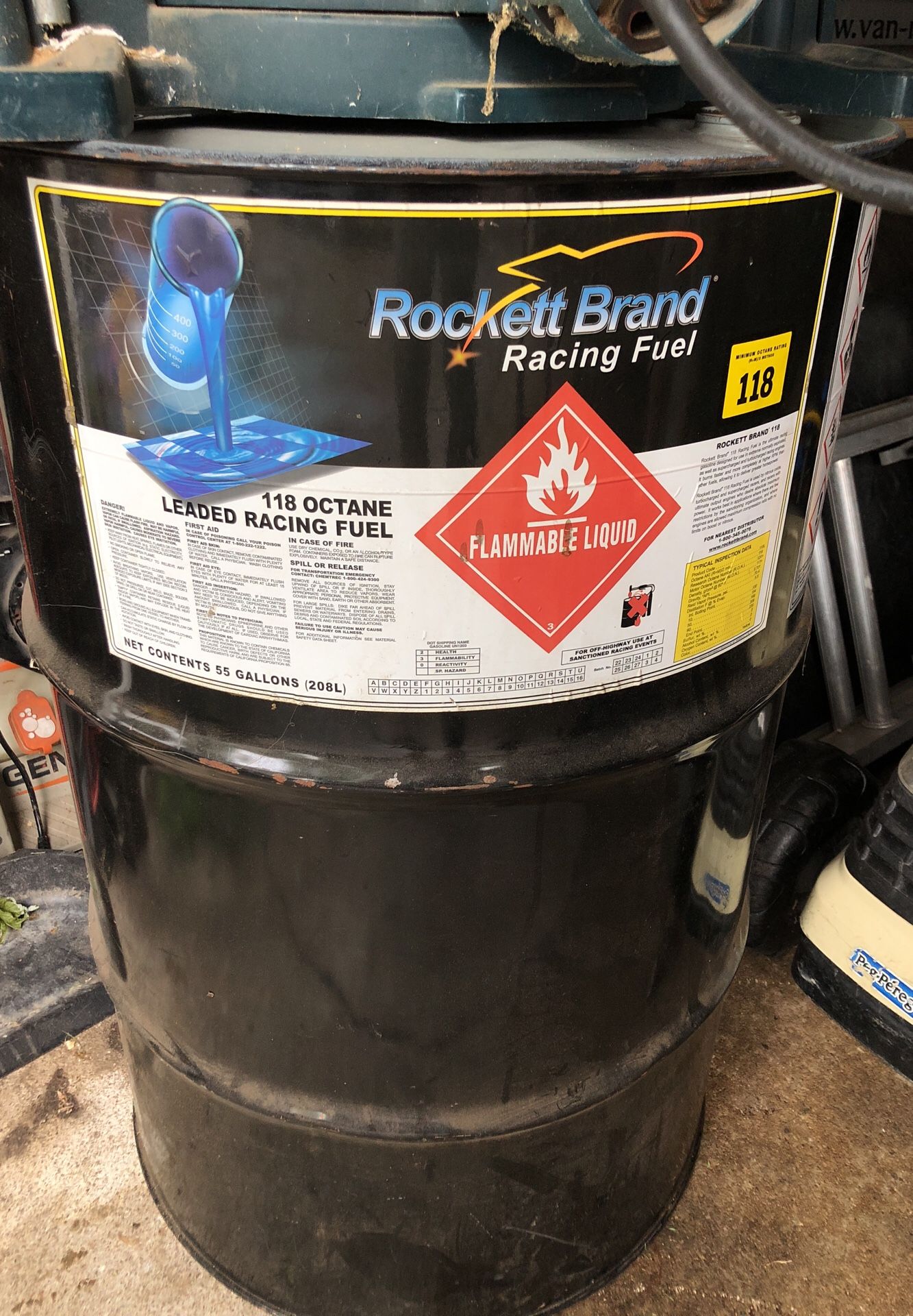 ROCKETT BRAND 118 OCTANE LEADED RACING FUEL 55 GALLON DRUM BUT ABOUT 25 GALLONS LEFT