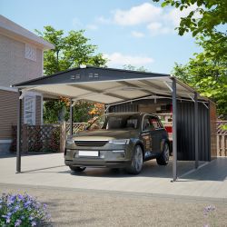 12'x23' Metal Carport Storage Shed, Heavy Duty Steel Garage with Sliding Door, UV Panel & Waterproof Sloped Roof, Reinforced Structure for Car Boat Tr