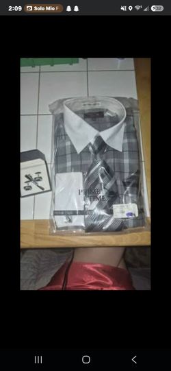 Prime Time Men’s Dress Shirt & Tie Set Size 16.5 34/35 – Plaid French Cuff Nip