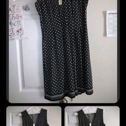 Max Studio Womens Dress Size Large Black & White polka dots V Neck Sleeveless 