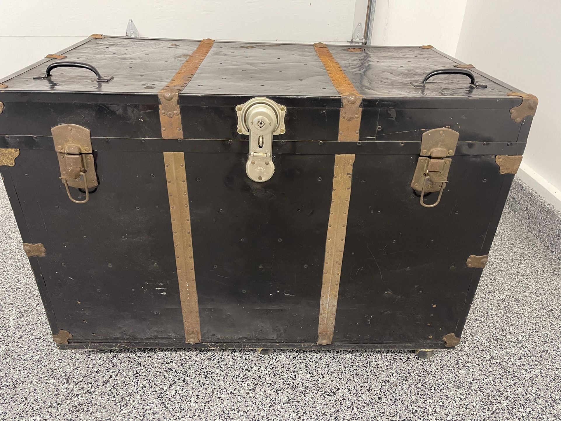 Wooden Immigrant Trunk, Foot Locker Chest, Crate Box Vintage O,Travel Trunk Chest, Steamer Trunk, Primitive Coffee Table Wheels