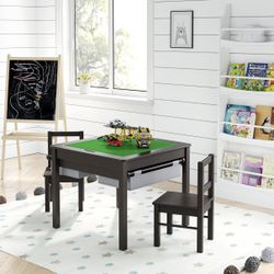 UTEX Wooden 2 in 1 Kids Construction Play Table and 2 Chairs Set with Storage Drawers, and Built in Plate Compatible with Lego and Duplo Bricks (Espre