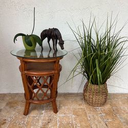 Vintage Rattan & Wicker Round Glass Top End Side Table Boho Coastal Tiki Mid Century
