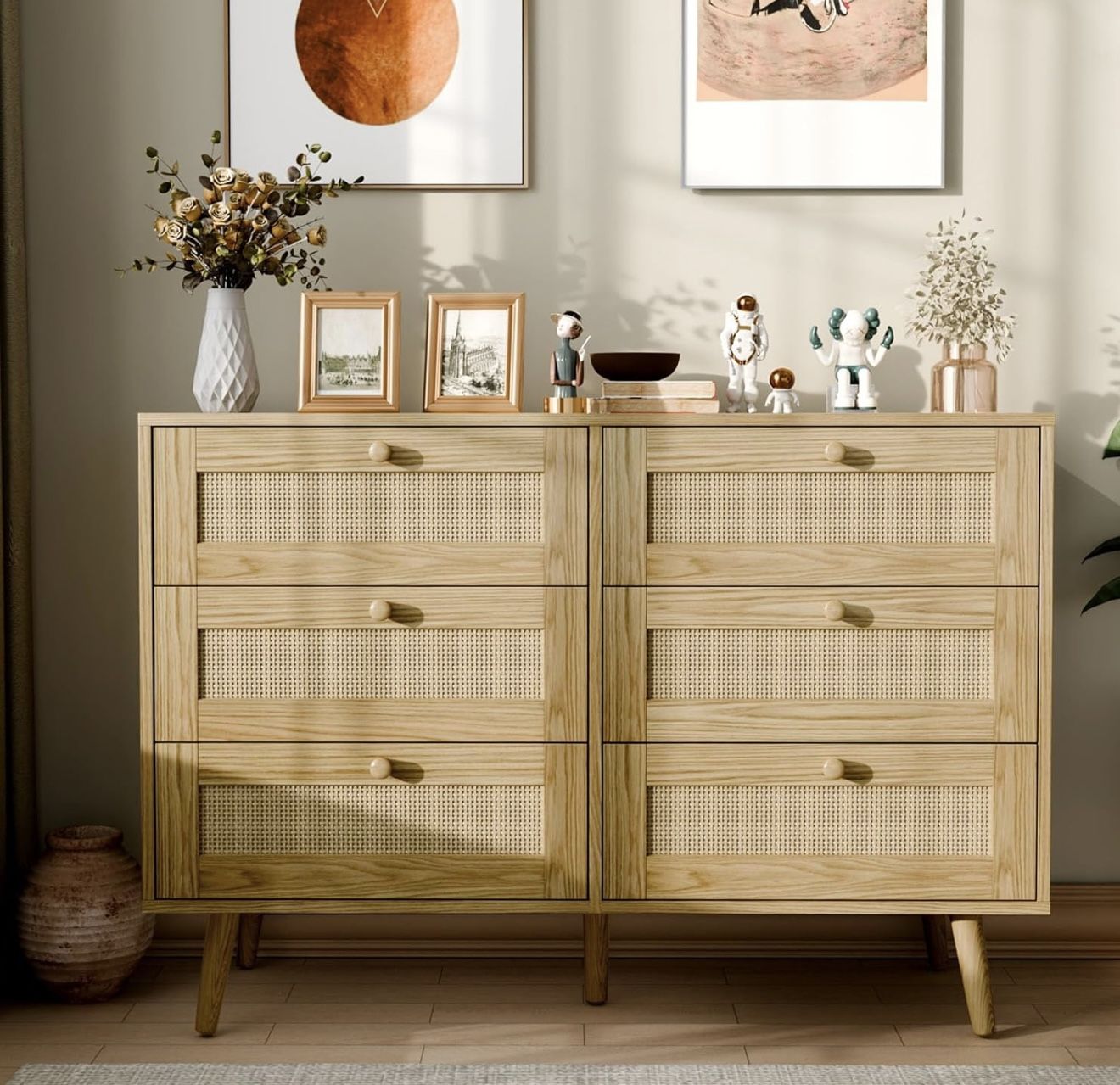 6 Drawer Storage Rattan Dresser, Boho Dresser Chest for Bedroom Hallway Living Room, Oak