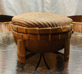 As-Is Vintage Chinese Footed Gathering/ Sewing Basket with Winnowing Lid Craft/ Repair Project