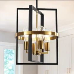4-Light Black and Gold Industrial Adjustable Geometric Cage Chandelier for Entryway Living Room with No Bulbs Included