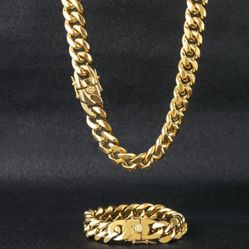 22” 18K Gold-Plated Cuban Link Necklace + 8.5” Matching Bracelet – Stainless Steel