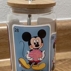 Mickey and Friends Lotería Libby Glass Cup W/ Metal Straw and 