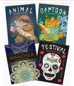 Stress Relief Adult Coloring Book Set of 4, Spiral Bound Coloring Book with Mandala,Animals,Festival,Cartoon .Relaxing Gift for Women and Men. Yellowi