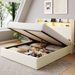 SHA CERLIN Queen Size Lift Up Storage Bed Frame/LED Lights/Charging Station/2-Tier Shelves Headboard/USB,Type-C Ports/Velvet Upholstered/Hydraulic Sup