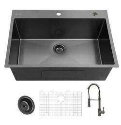 Glacier Bay 33 in. Drop-In Single Bowl 18 Gauge Gunmetal Black Stainless Steel Kitchen Sink with Black Spring Neck Faucet