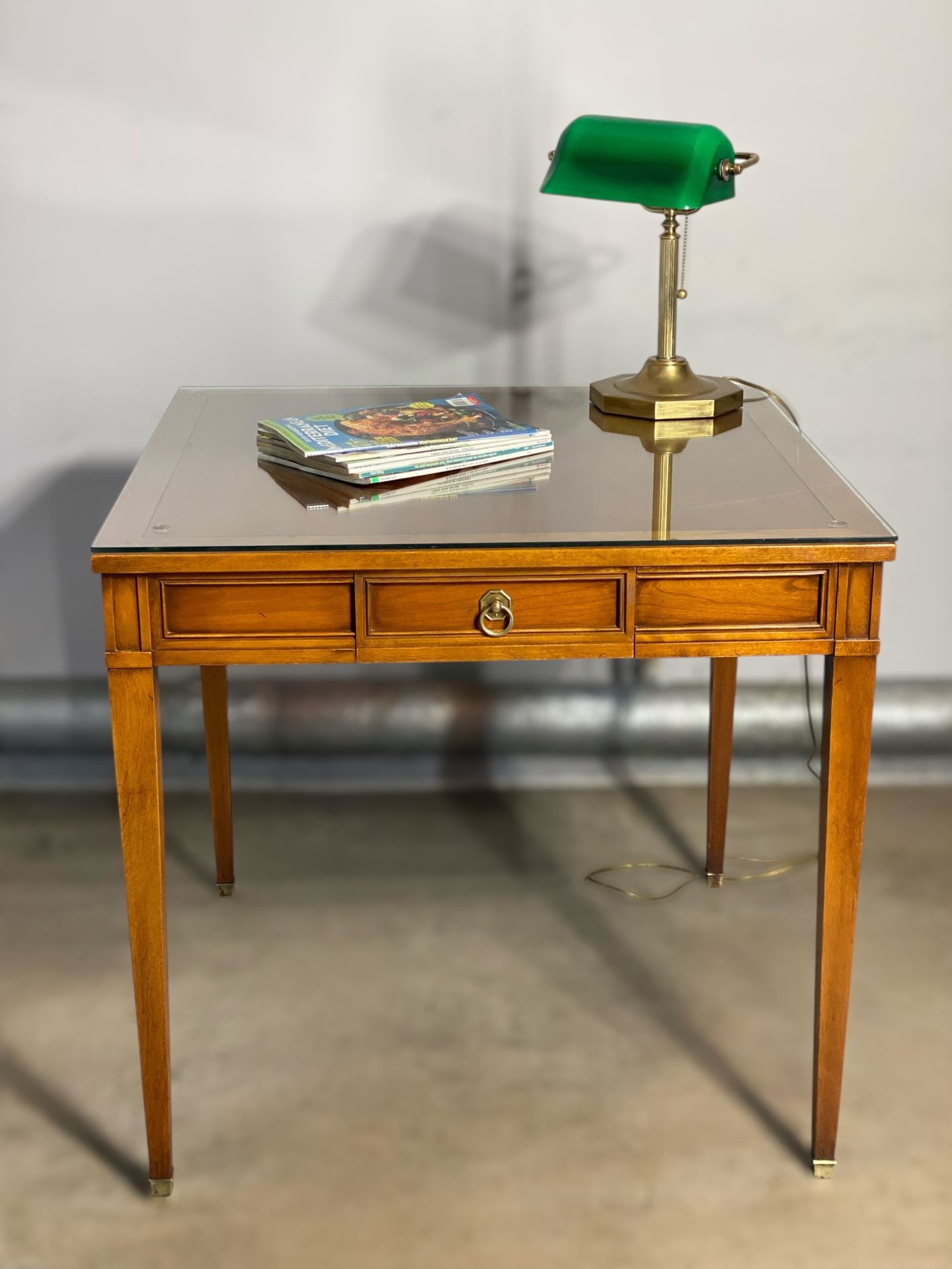 Mid-Century Neoclassical Vintage Solid Wood Writing Desk Table With Glass Top