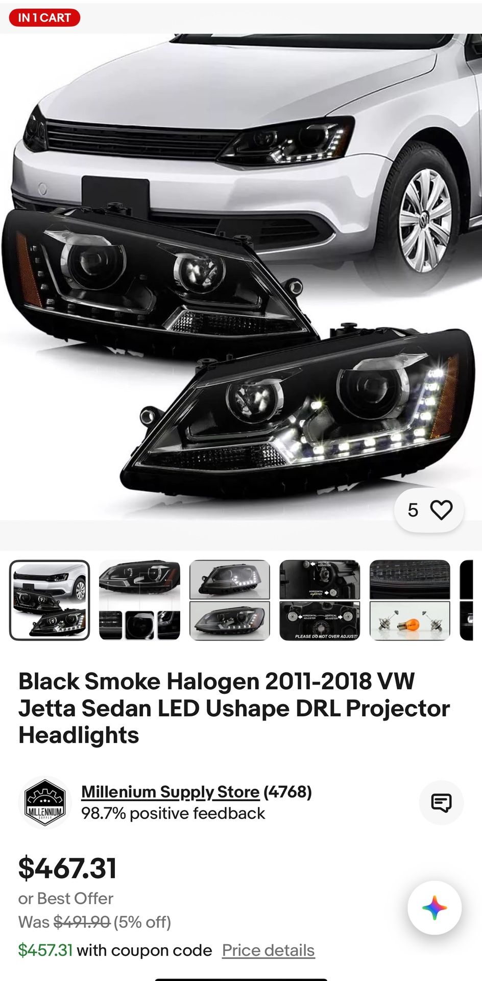 Black -SMOKE- Halogen 2011-2018 VW Jetta Sedan LED Ushape DRL Projector Headlights