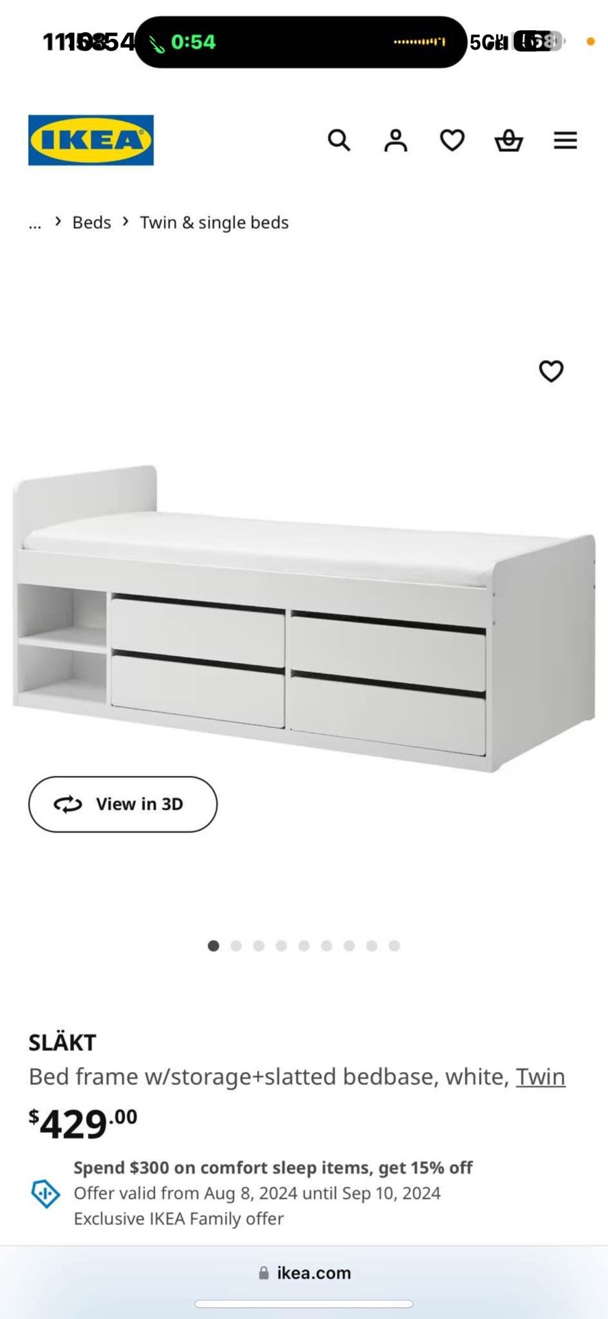 Bed frame w/storage+slatted bedbase, white