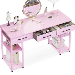 ODK Vanity Desk with Fabric Drawers & Storage Shelves, Makeup Dressing Table, Home Office Desks for Bedroom, Modern Simple Writing Desk,Pink, 48"×16" 