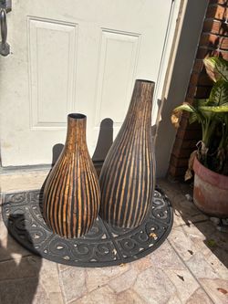 Set of 2 Bamboo Mosaic Floor Vases - Large & Small Nested Pair - See My Other Items 😀