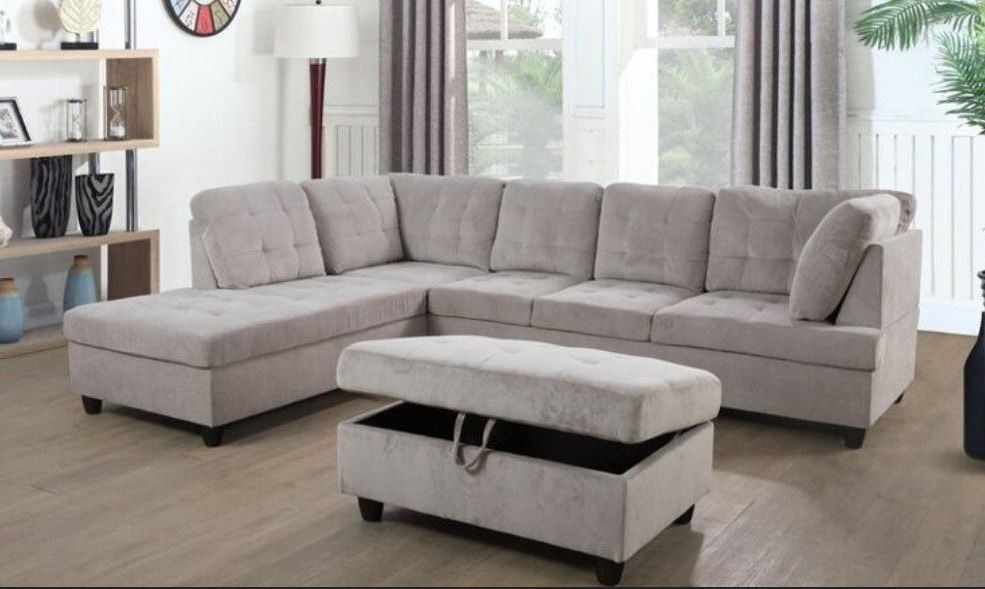 No Credit No Problem Same Day Delivery Available Gray Color Corduroy Material Sectional Storage Ottoman Included