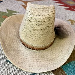 Vintage 70s Straw Cowboy Hat 7-1/4 Crochet Band & Feather Western Rodeo Ranch