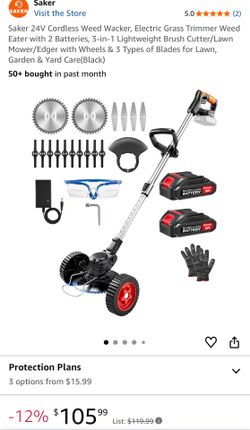 Saker 24V Cordless Weed Wacker, Electric Grass Trimmer Weed Eater with 2 Batteries, 3-in-1 Lightweight Brush Cutter/Lawn Mower/Edger with Wheels & 3 T