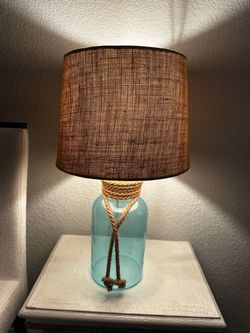 Matching pair of turquoise glass lamps with jute wrap & burlap shade