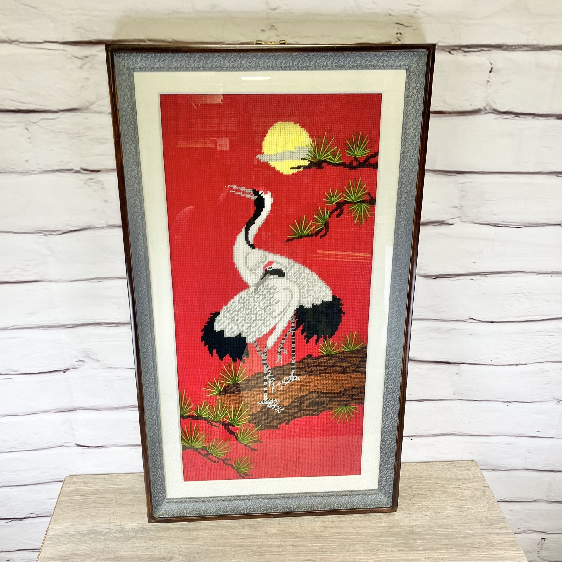 Large Asian Crewel Art Red Crowned Cranes