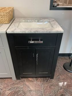 24” Black Solid Wood Bathroom Vanity with Marble Top (V1224)