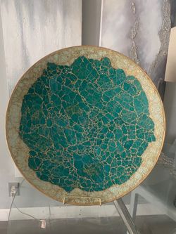 Green Gold Turquoise Glass Mosaic Platter on Stand 24" Diameter.