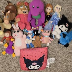 Various stuffed animals with Vintage Barney and Patti Beanie Baby