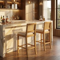 Brunello 28" Solid Wood Rattan Back Upholstered Bar Stools Set of 2