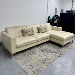 Moroni Ivory White Mid Century Modern Leather Sofa with Right Chaise Lounge