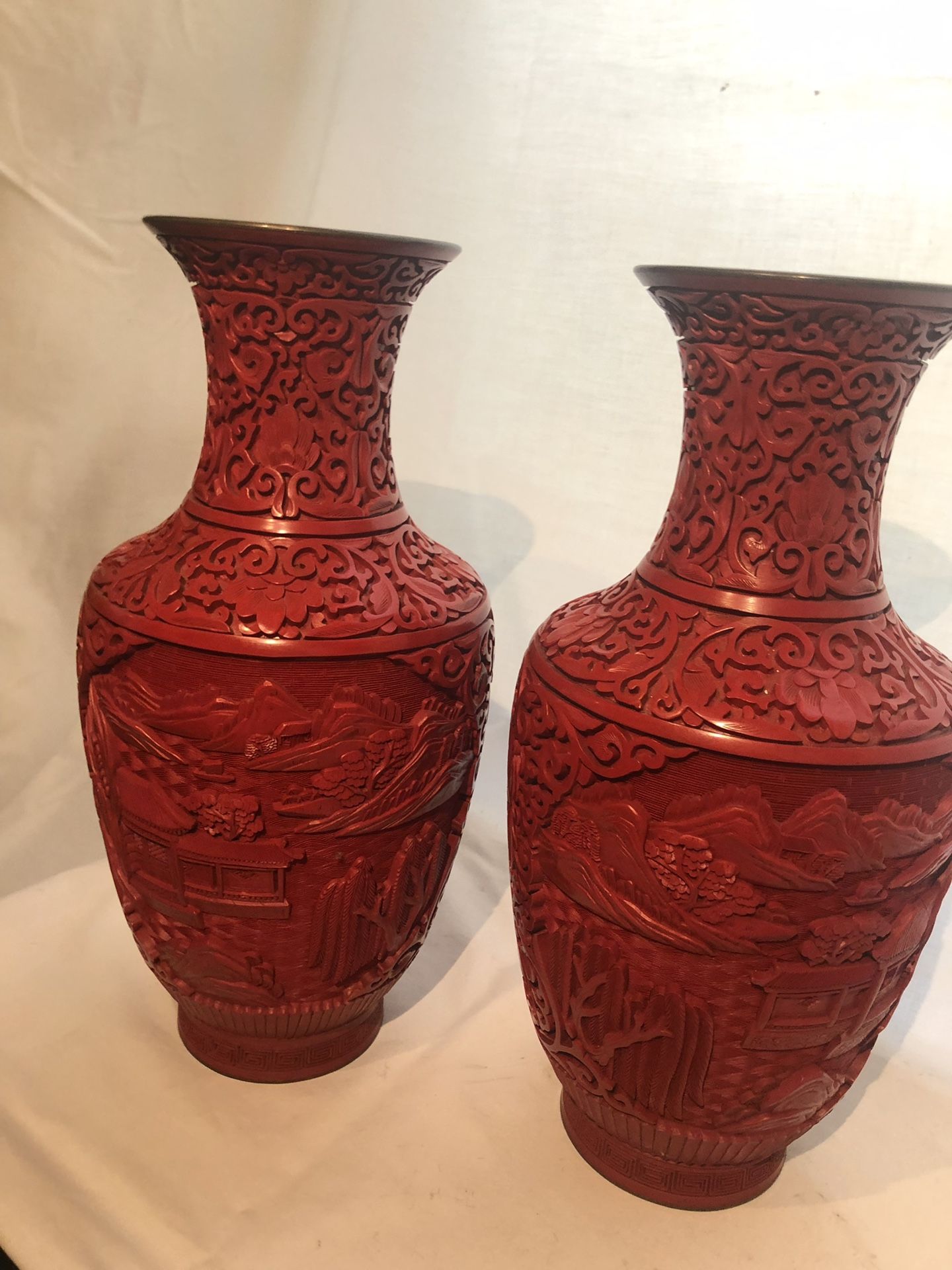 Antique Asian Pair of Large Cinnabar Mirror Image Vases