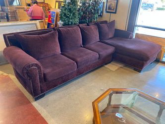 RENE CAZARES Burgundy Crushed Velvet Sectional with Nailhead Details
