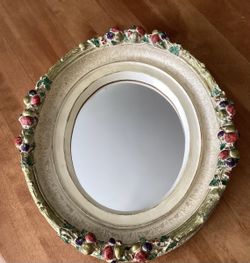 Vintage Barbola Fruit Framed Oval Mirror. Foam core.  Hand Painted. 17” by 15”