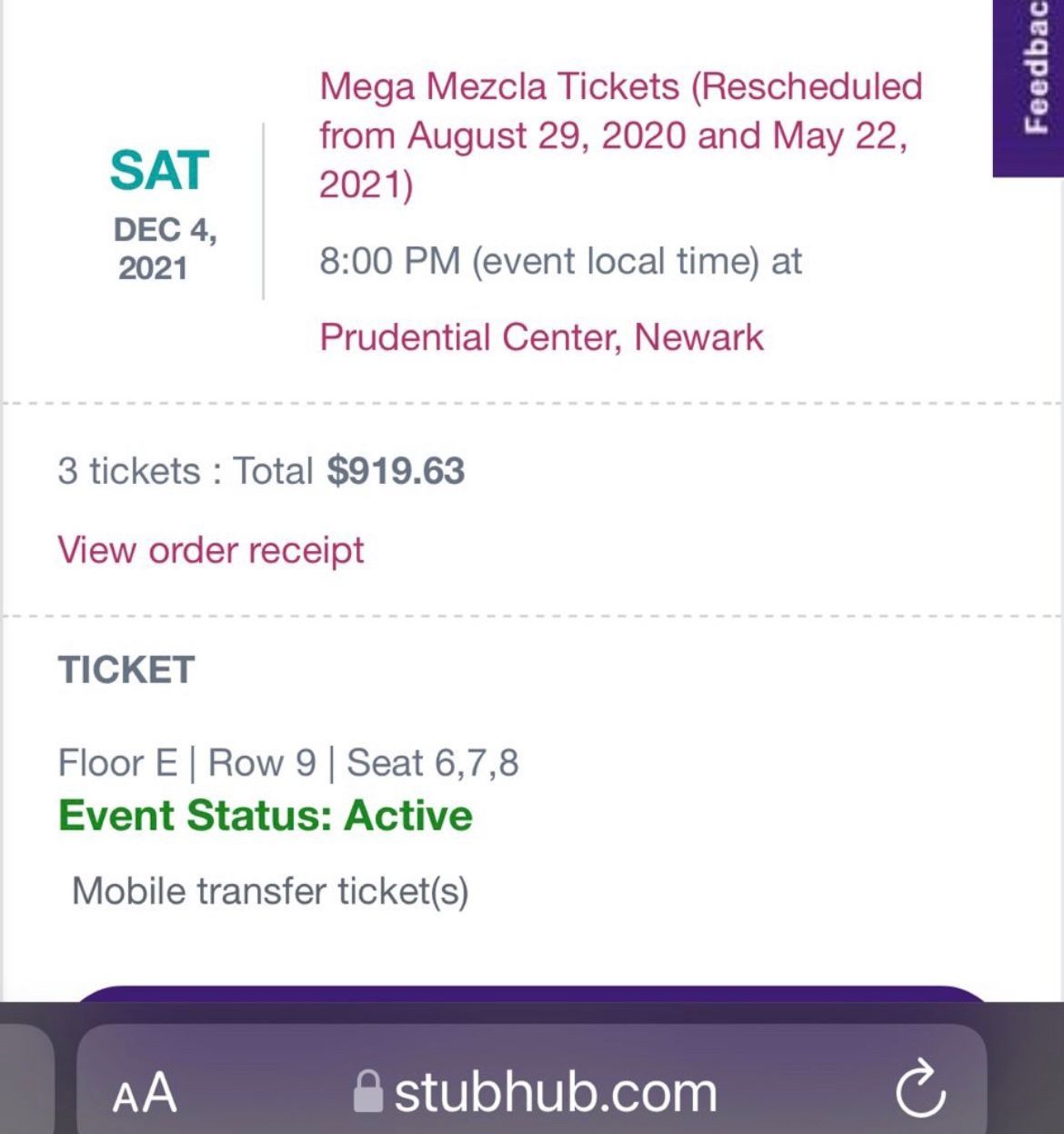 3 Mega Bash Floor Seats For Sale!! Mega Mezcla Concert 