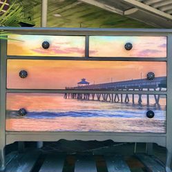 Vintage Illuminating Sunset And Pier Inspired Dresser