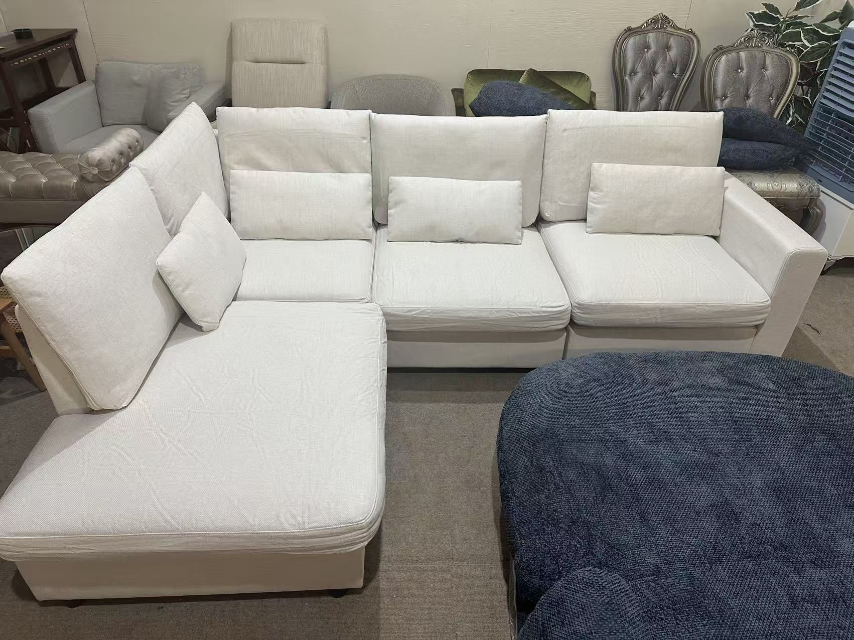 100.2" L-Shaped Sofa Set with Movable Ottoman, 5 Cushions and 4 Lumbar Pillows, Plastic Legs, Convertible Sofa Linen Sofa, Comfortable Combination Cou