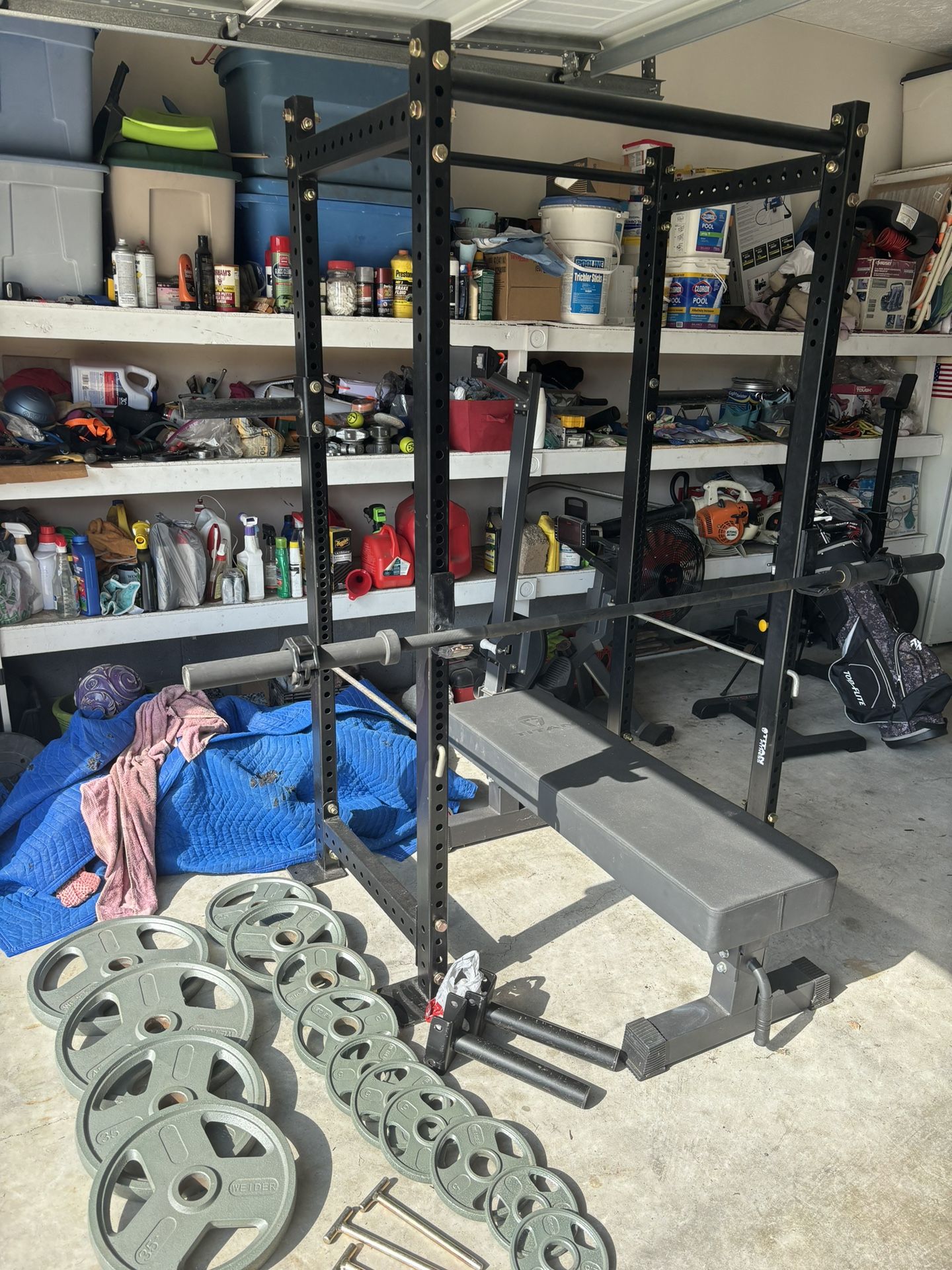 Titan Fitness Squat Cage/Pull-Ups(82”) Tian Bench/255 LBS Olympic Plate/45 LB Bar 