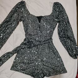 Silver Sequin Romper With Belt