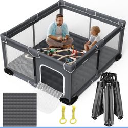 Foldable Baby Playpen with Mat, Large Foldable Playpen for Babies and Toddlers, Folding Portable Kids Play Pen, Collapsible Play Yard with 2 Handles +