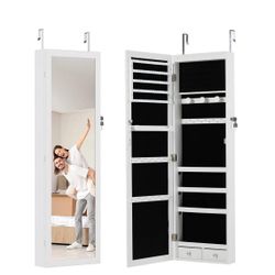 Jewelry Cabinet 6 LED Lockable Organizer Full-Length Mirror Wall/Door Mounted