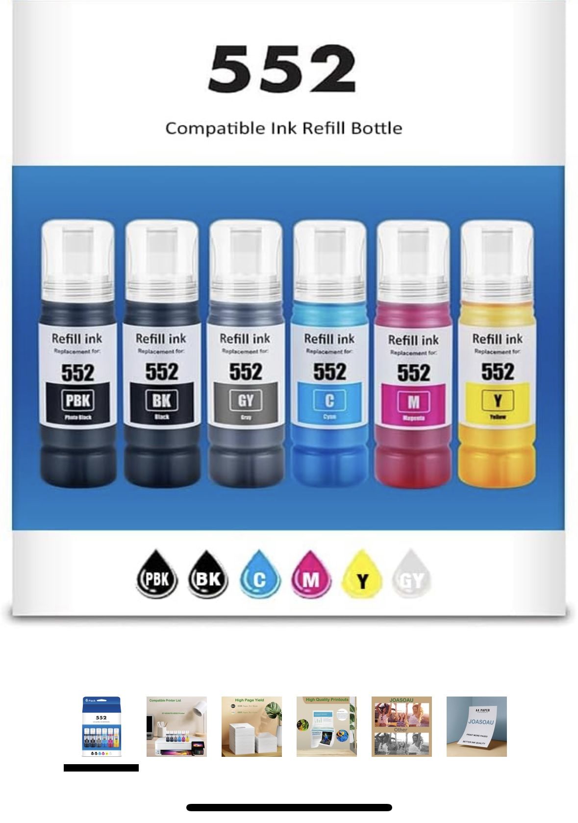 552 Ink Refill Bottle Replacement for Epson 552 Ink Bottles Ecotank 6 Pack Work for Epson 8550 Ecotank Printer, Ecotank Photo ET 8500 ET 8550 ET-8500