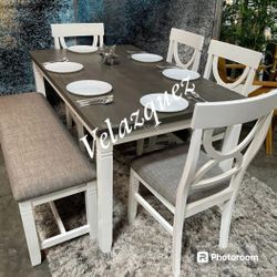 ✅️✅️6 pc white & grey finish wood dining table set grey padded seat chairs and bench✅️