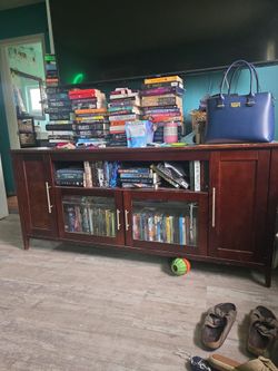 Real Dark Wood Media Console with Glass Doors