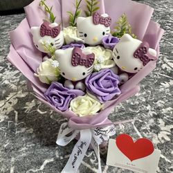 NEW/ HELLO KITTY Flower Bouquet With Full BodyHello Kitty Dolls / Beautiful Purple And White Colors W/forever Flowers! For GRADS & Bdays! Free Keychai