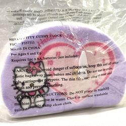 Hello Kitty Cushy Clock Plush Pink Purple – NEW in Bag – Requires 1 AA Battery