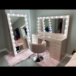 Makeup Vanity pink glass top with Bluetooth   Mirror - available in white Accessories are sold separately