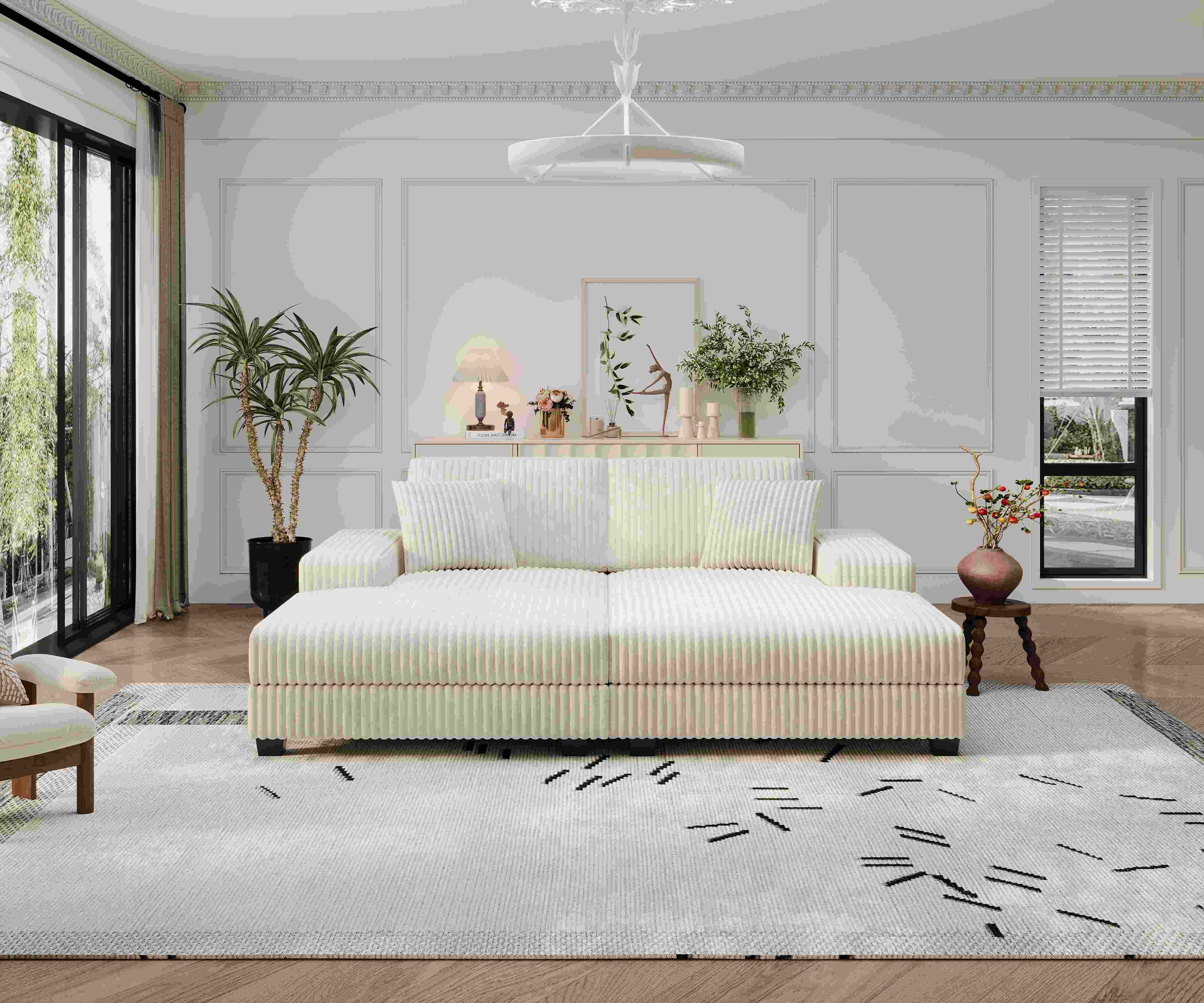 Convertible combination sofa, corduroy fabric, fluffy modern sleeper sofa chair, oversized combination living room double lounge chair,Beige