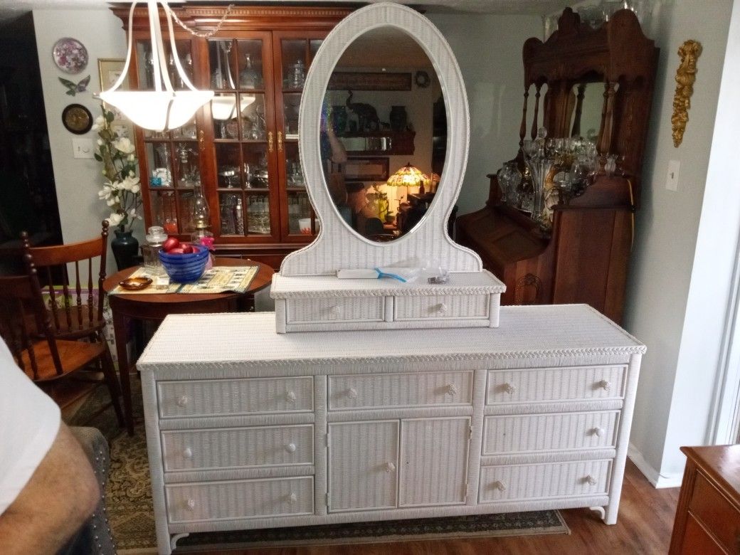Vintage Wicker Rattan Dresser N Mirror